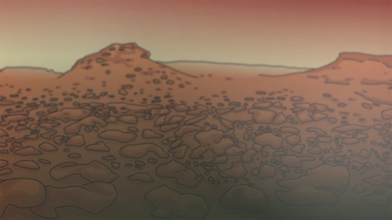 still of Annie's view of the Martian surface taken from the short animation a Story From Space 